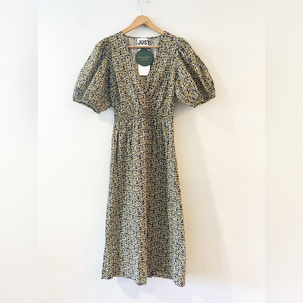 Floral puff sleeve V neck spring dove dress US XS